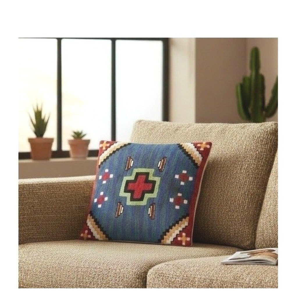 Southwestern Handwoven Wool Pillow Cover,  Blue Red Geometric Cross, Dorm Decor